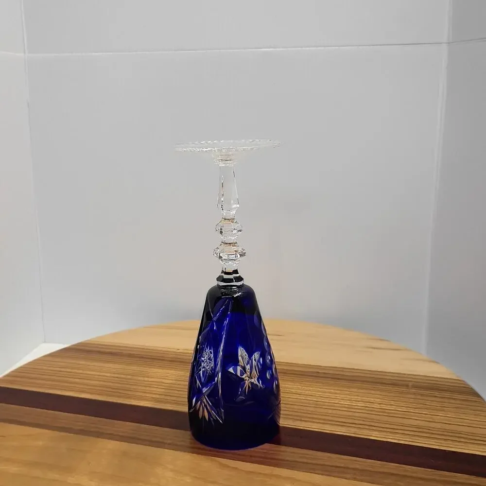 Bohemian Cut To Clear Crystal Wine Hock Cobalt Blue Etched